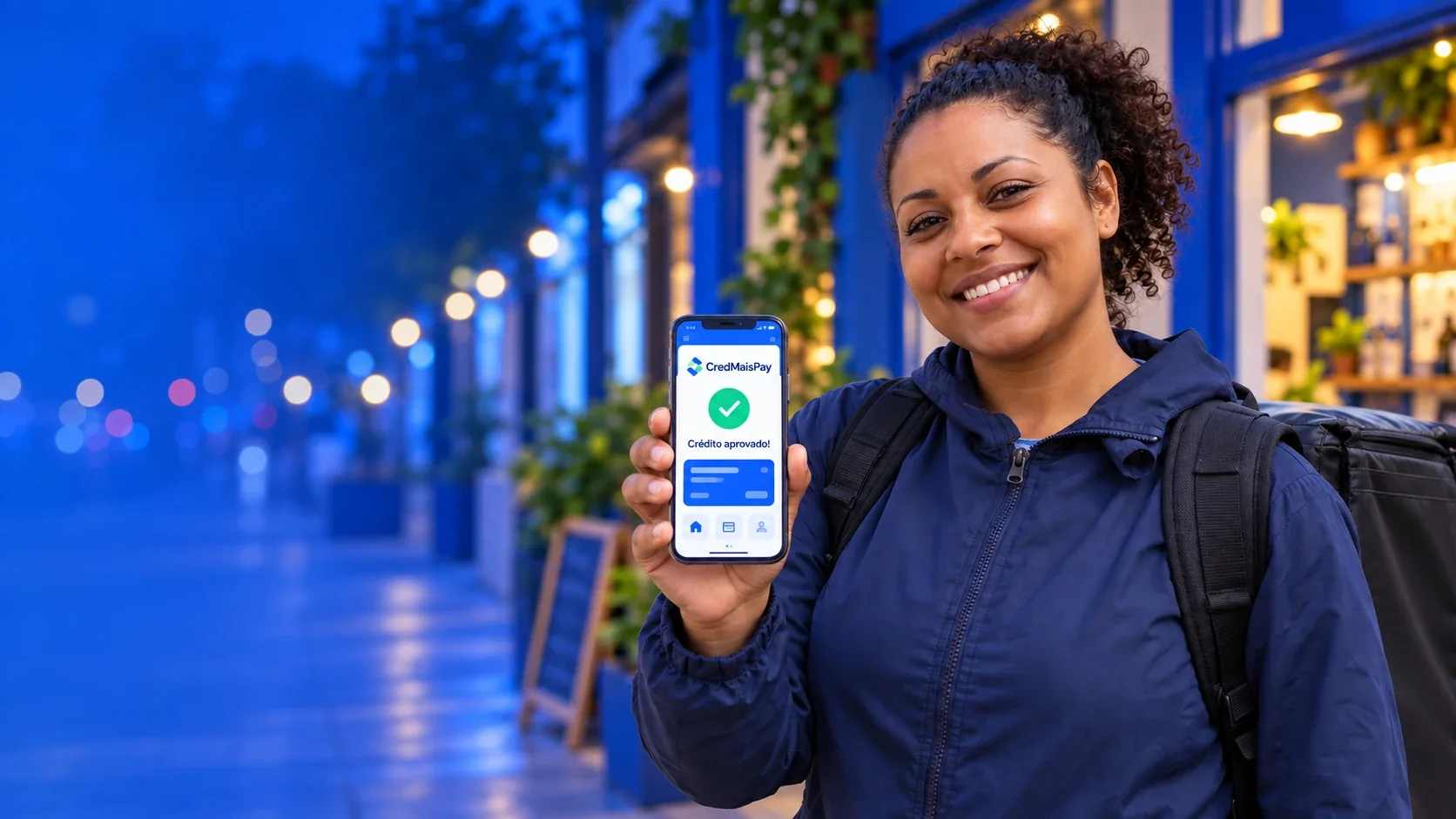 Pessoa apresenta o aplicativo CredMais Pay em uma rua comercial iluminada.