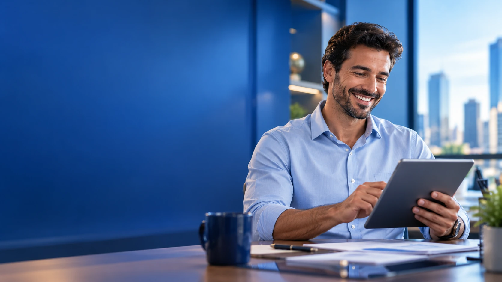 Empreendedor analisa os recebíveis da empresa em um tablet