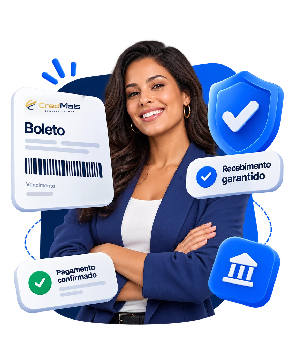 Empreendedora segura um boleto enquanto elementos gráficos representam proteção e confirmação de recebimento.
